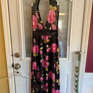 Floral Halter Maxi Slip Dress Textured Fabric Lace and Flower Detail Boho Fairy